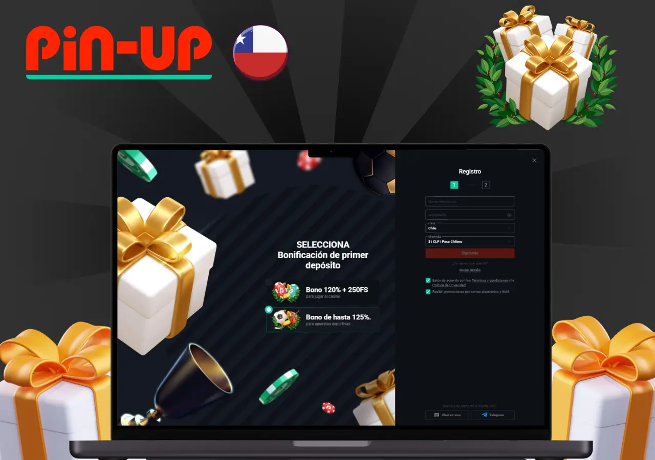 Bonificación de bienvenida en Pin-Up Chile, 120% más 250 giros para nuevos jugadores