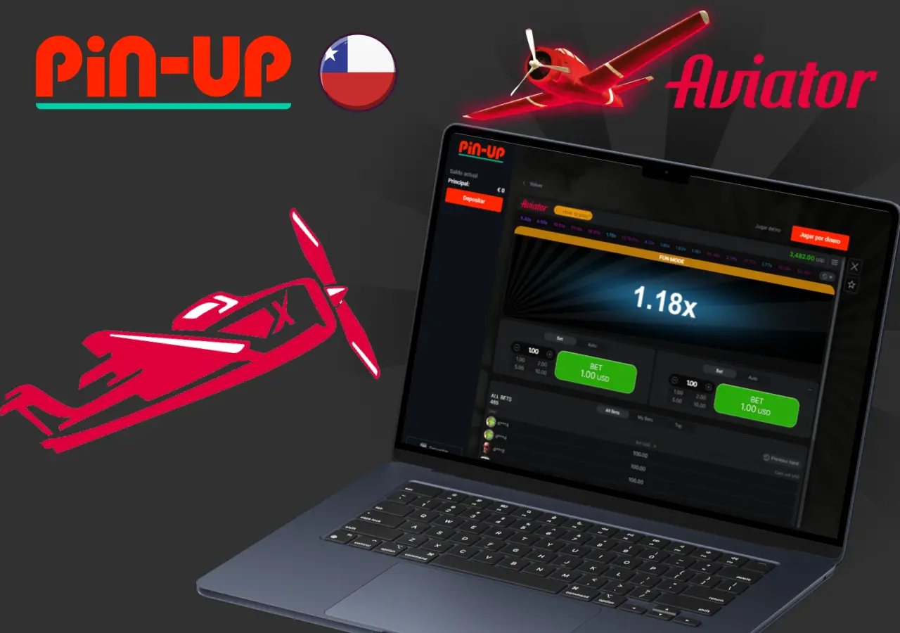Interfaz de juego Aviator en Pin-Up Chile mostrando una apuesta de 1.18x