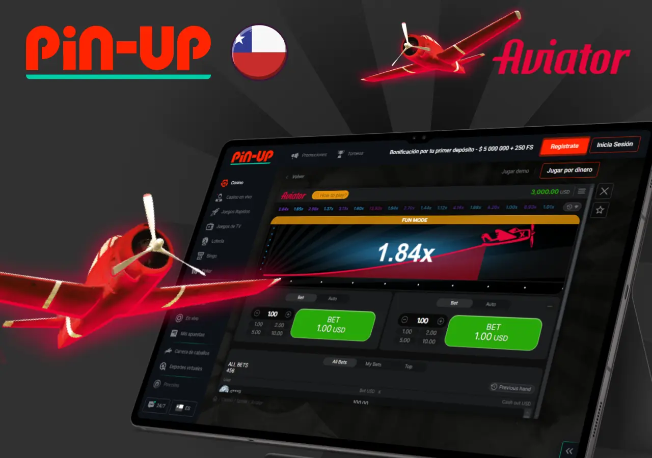 Juego Aviator en Pin-Up Chile con multiplicador 1.84x en un dispositivo portátil