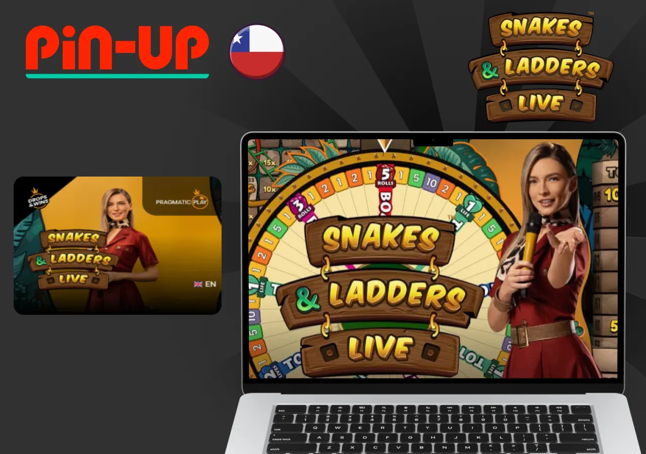 Juego en vivo Snakes and Ladders Live en Pin-Up Chile con presentadora y gran rueda de premios colorida